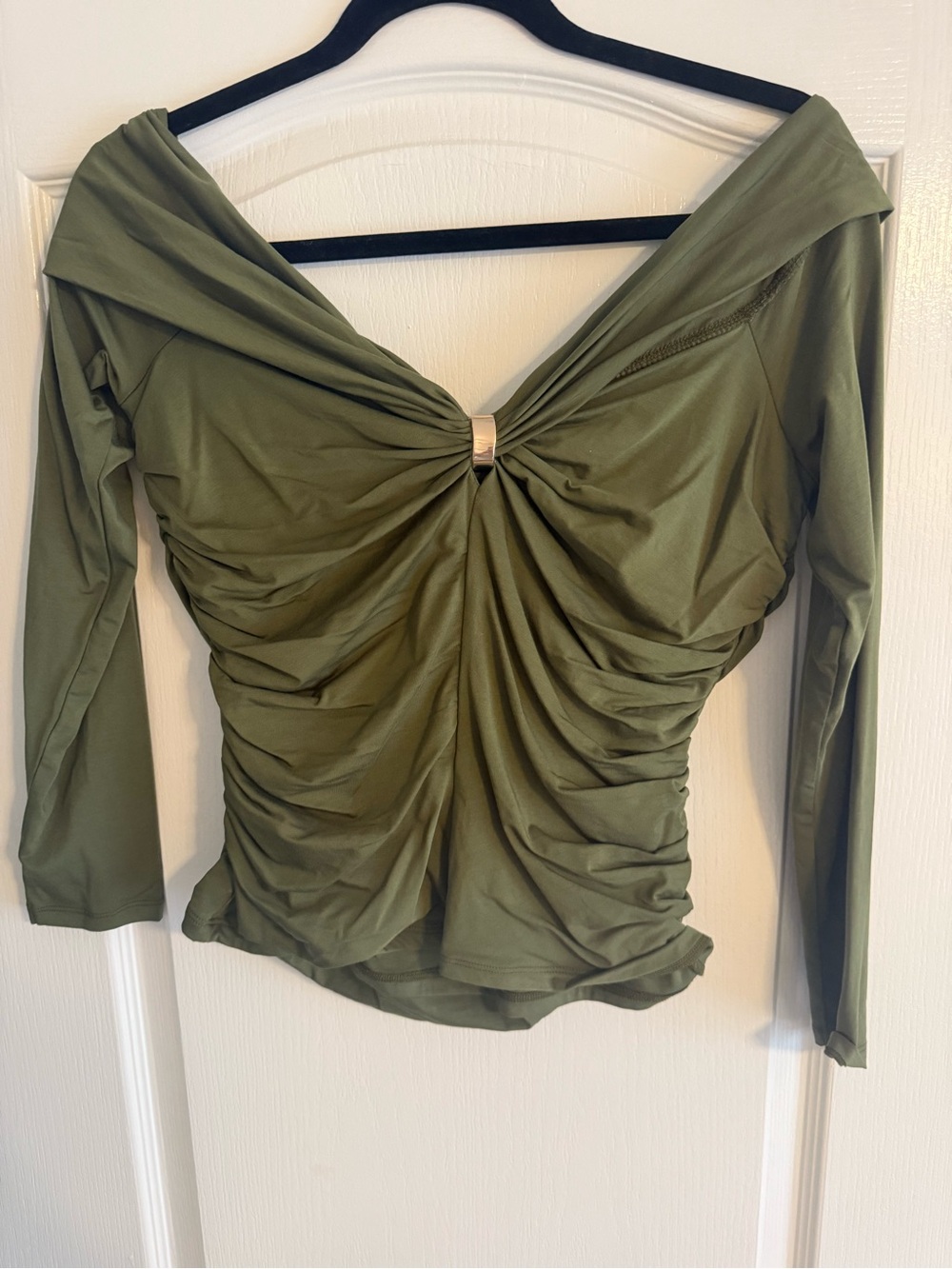 Abercrombie & Fitch Olive Off-Shoulder Ruched Long Sleeve Top